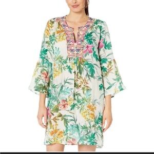 Johnny Was White Floral Tropical Shift Dress with Green and Pink Accents